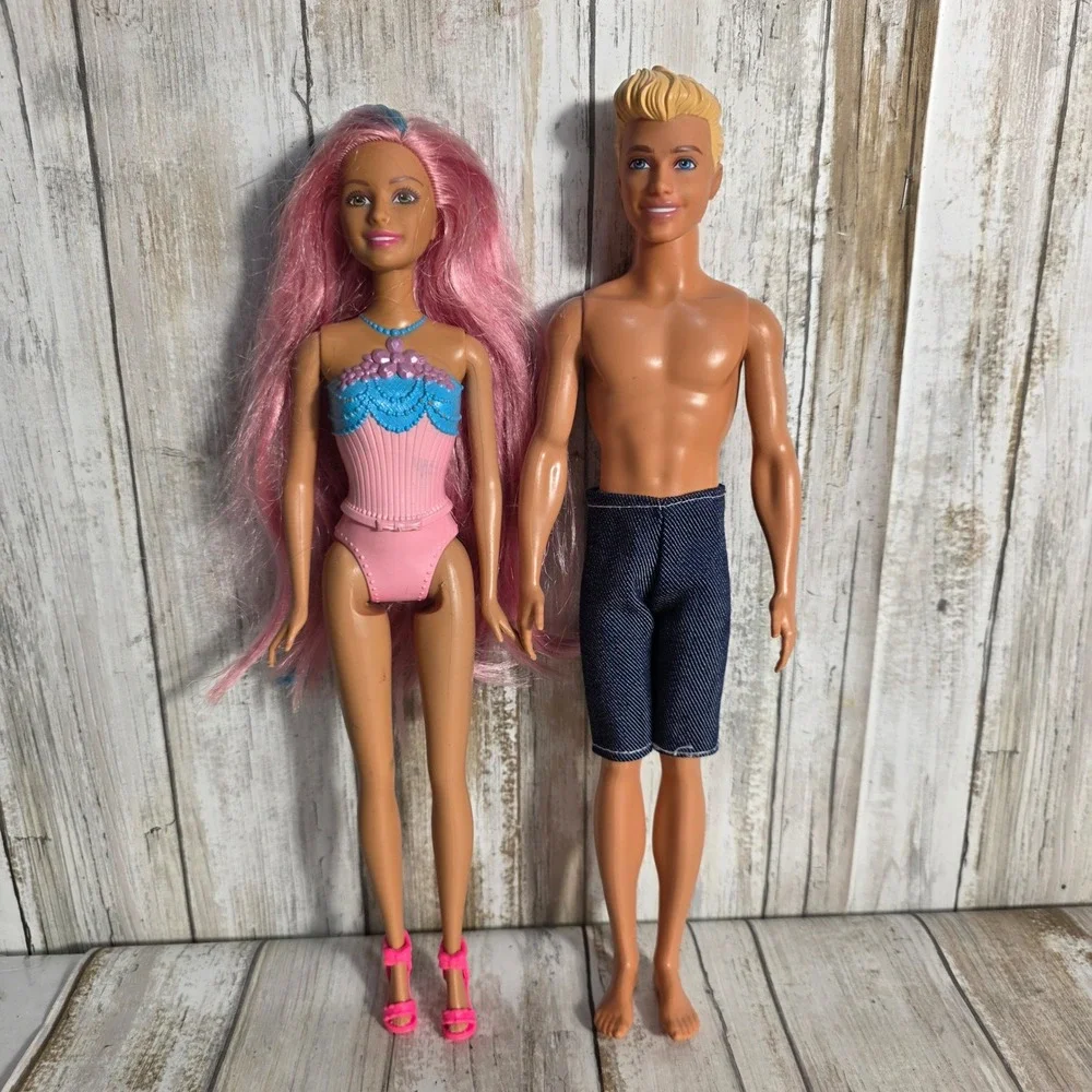 Mattel Barbie and Ken Doll Set Pink Hair Mermaid Bodice & Denim Trunks HJT10